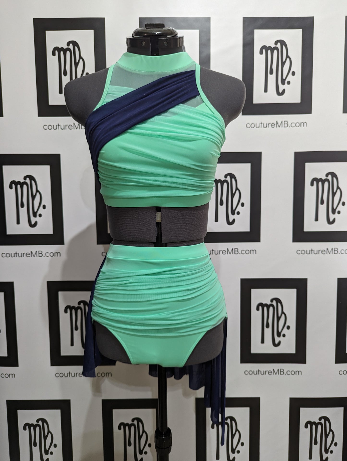 Mint & navy blue two 2-piece with skirt & overlays MB 26 (adult small)