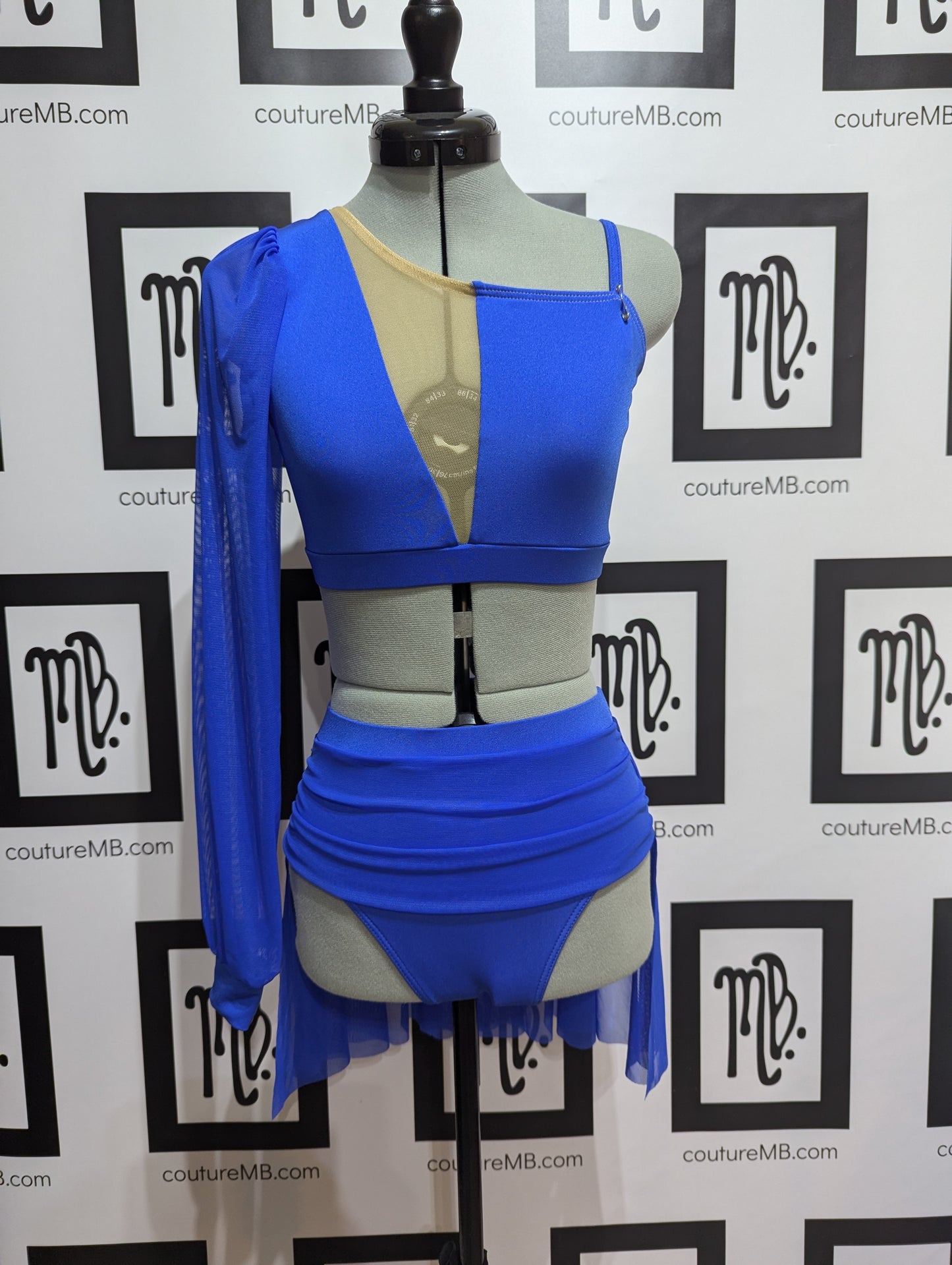 Royal blue 2 two piece MB 26 (adult small) nude mesh cutout, overlay, skirt, sleeve